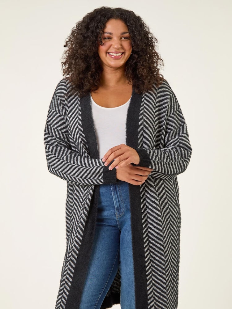 Roman Black Curve Chevron Fluffy Knit Cardigan - Image 1 of 5 Roman Black Curve Chevron Fluffy Knit Cardigan - Image 1 of 5