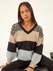 Blusa Roman Petite Animal Block com decote em V - Imagem 1 de 5