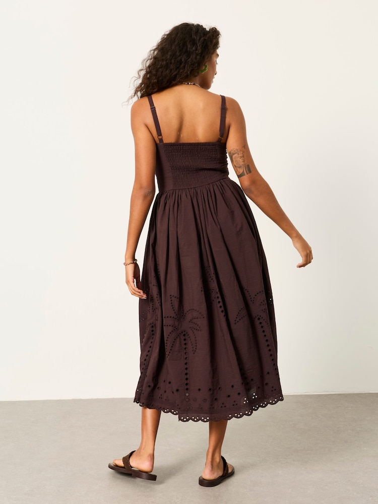 FatFace Teri Chocolate Brown Petite Embroidered Midi Dress - Image 2 of 6 FatFace Teri Chocolate Brown Petite Embroidered Midi Dress - Image 2 of 6