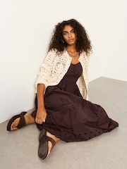 FatFace Teri Chocolate Brown Petite Embroidered Midi Dress - Image 5 of 6