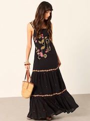 FatFace Gia Black Petite Embroidered Maxi Dress - Image 1 of 7