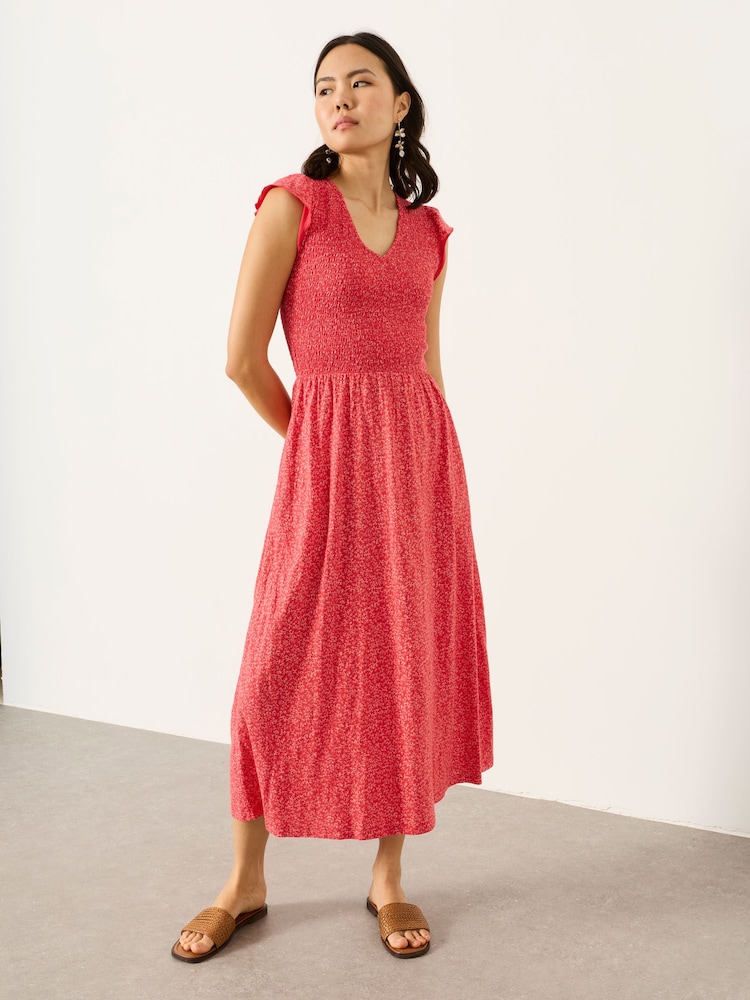 FatFace Demi Red Coral Texture Petite Jersey Midi Dress - Image 1 of 6
