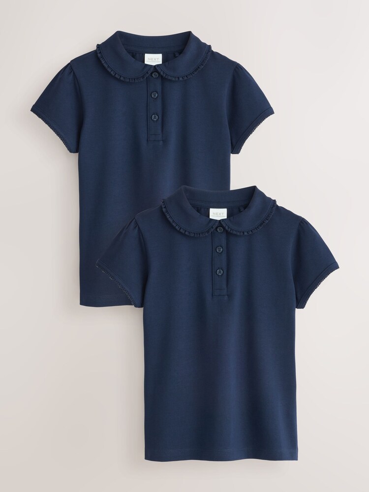 Navy Blue Girls Cotton Stretch Frill Collar School Polo Tops 2 Pack (3-16yrs) - Image 1 of 6 Navy Blue Girls Cotton Stretch Frill Collar School Polo Tops 2 Pack (3-16yrs) - Image 1 of 6