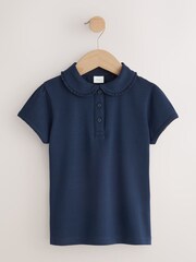 Navy Blue Girls Cotton Stretch Frill Collar School Polo Tops 2 Pack (3-16yrs) - Image 4 of 6