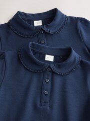 Navy Blue Girls Cotton Stretch Frill Collar School Polo Tops 2 Pack (3-16yrs) - Image 5 of 6