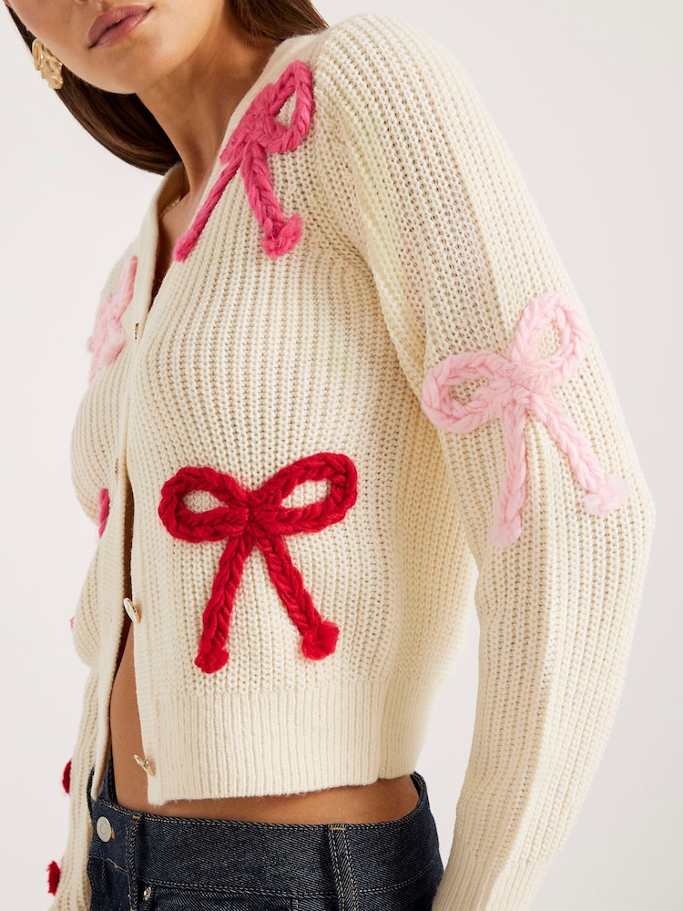 River Island Cream 3D Bow Knit Cardigan - Image 4 of 4