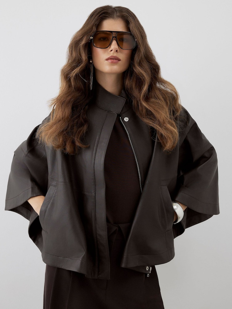 River Island Brown Leather Funnel Neck Cape - Image 2 of 4