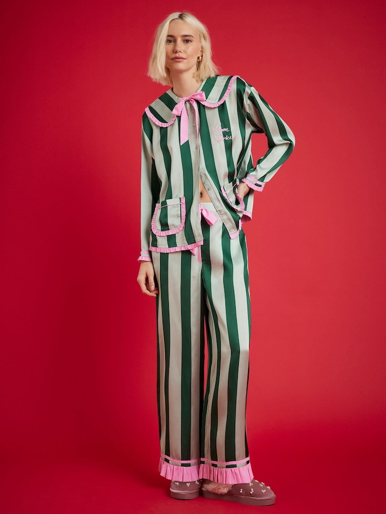 River Island Green Nephthys Collab Satin Striped collar Pyjama Set - Image 4 of 4