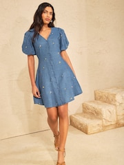 Love & Roses Mid Blue Puff Sleeve Embroidered Mini Dress - Image 1 of 4