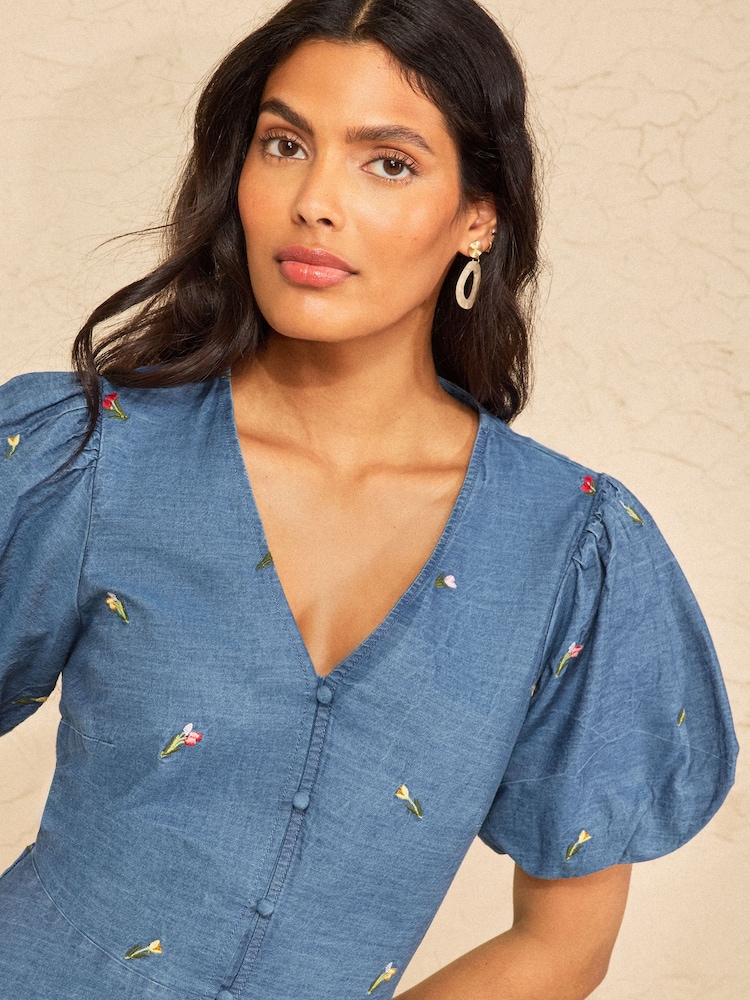 Love & Roses Mid Blue Puff Sleeve Embroidered Mini Dress - Image 2 of 4