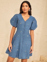 Love & Roses Mid Blue Puff Sleeve Embroidered Mini Dress - Image 3 of 4