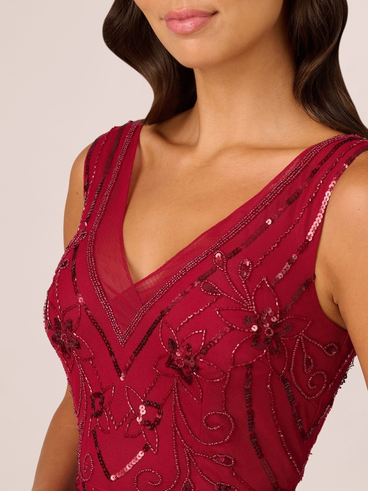 adrianna papell v neck beaded mesh dress Sleeveless Beaded Blouson Midi Dress In Midnight Multi
