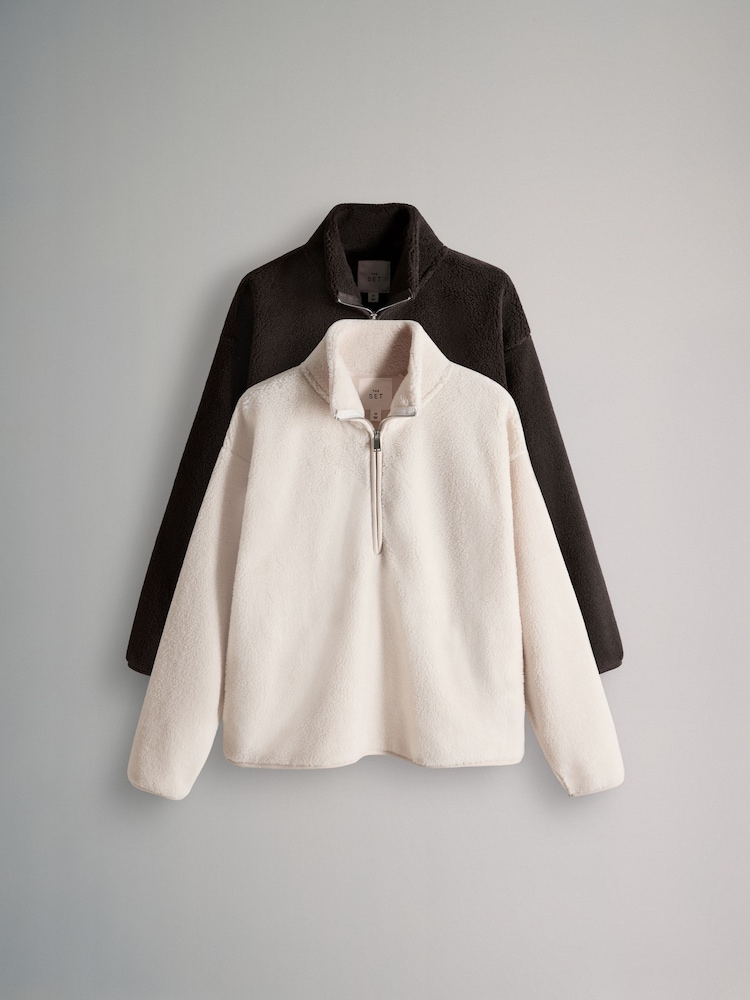 The Set 2 Pack Borg Funnel Neck 1/4 Zip Jumper Chocolate Brown/Cream - Image 1 of 5