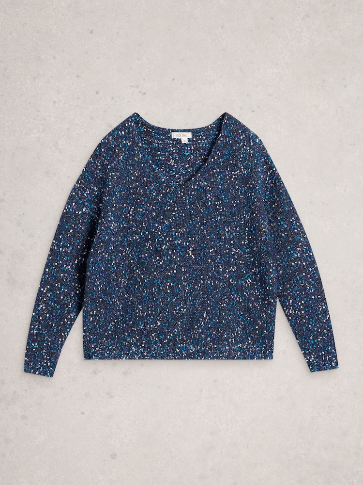 White Stuff Blue Textured V-Neck Jumper - Image 6 of 6