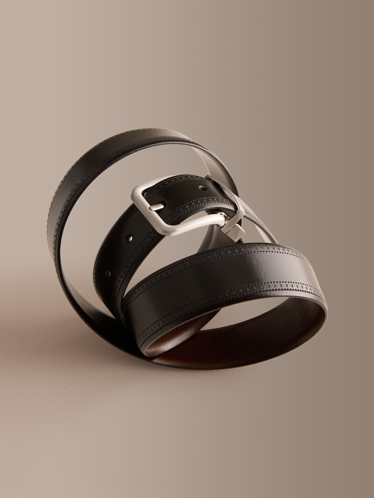 黑色/棕色 - Signature Reversible Brogue Leather Belt Made In Italy - 圖片 2，共 3