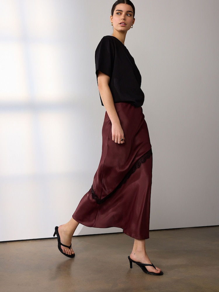 Chocolate Brown Satin Midi Skirt With Lace Trim - Image 1 of 5