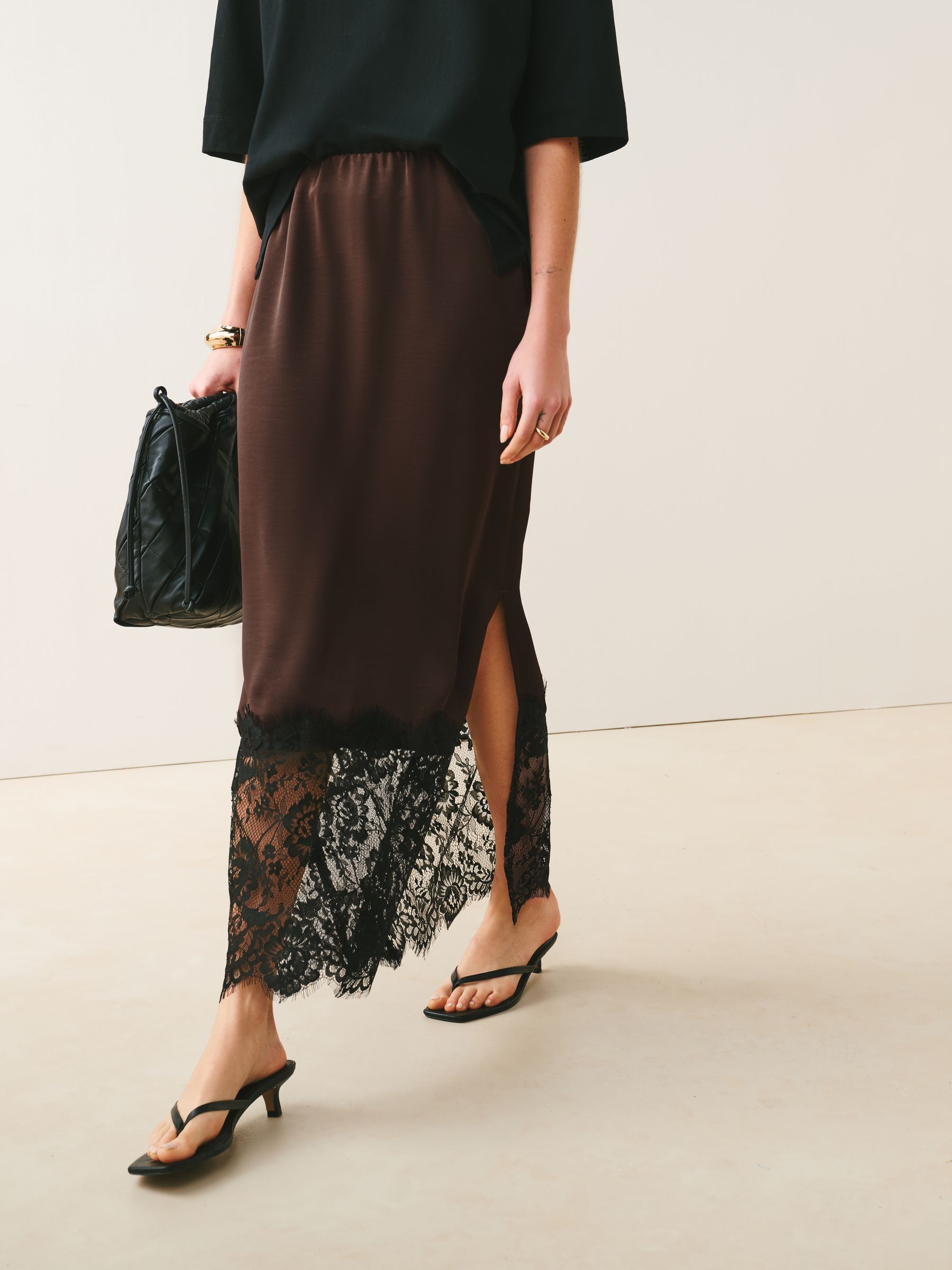 Buy Chocolate Brown - Satin Midi Skirt With Lace Trim from Next