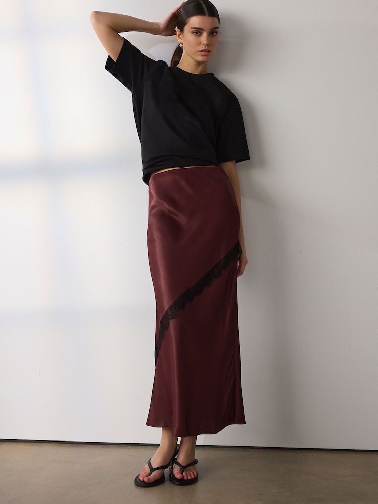 Chocolate Brown Satin Midi Skirt With Lace Trim - Image 2 of 5
