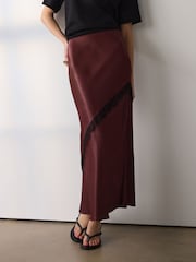Chocolate Brown Satin Midi Skirt With Lace Trim - Image 3 of 5
