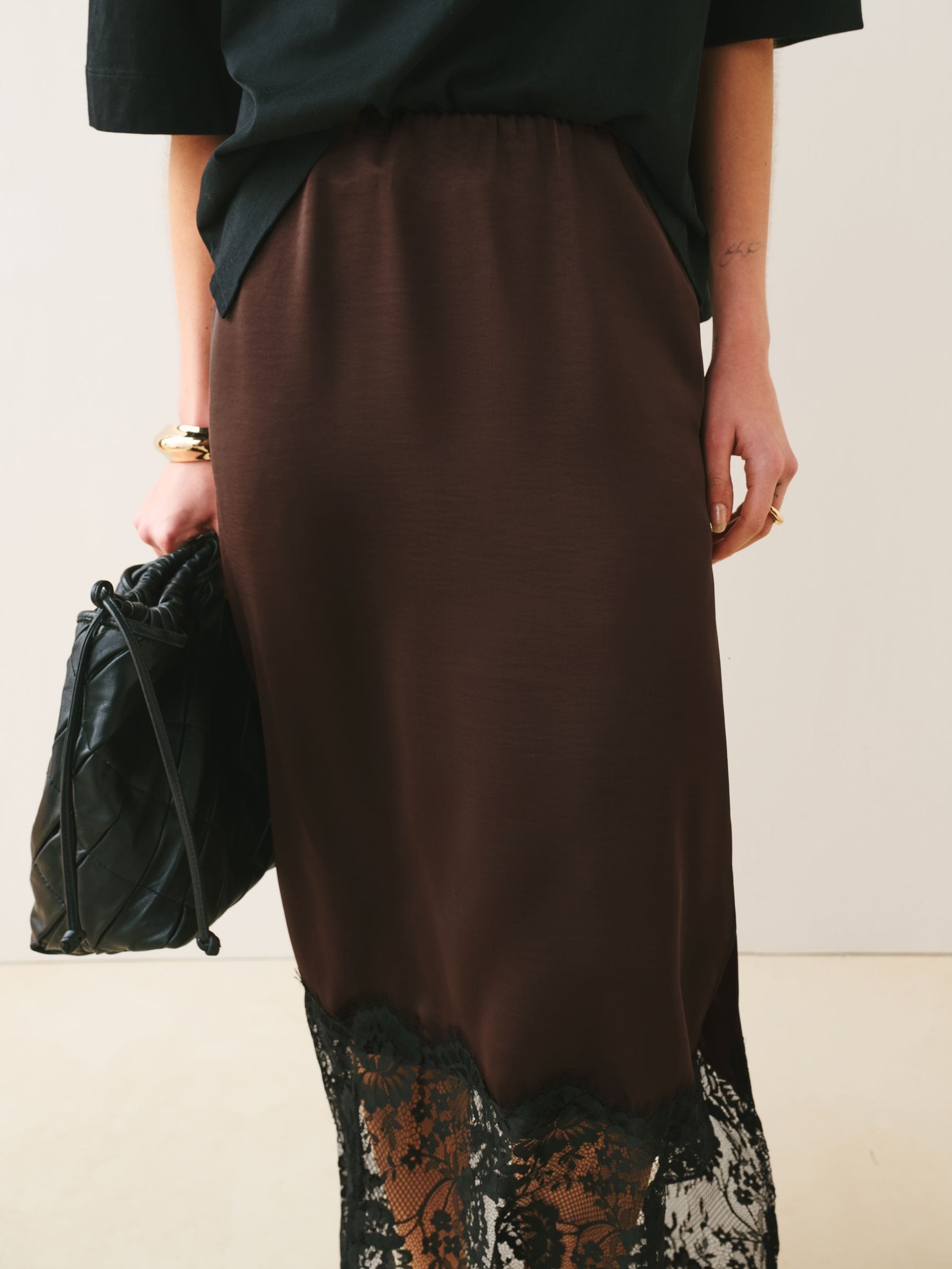Buy Chocolate Brown Satin Midi Skirt With Lace Trim from Next USA