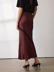 Chocolate Brown Satin Midi Skirt With Lace Trim - Image 4 of 5