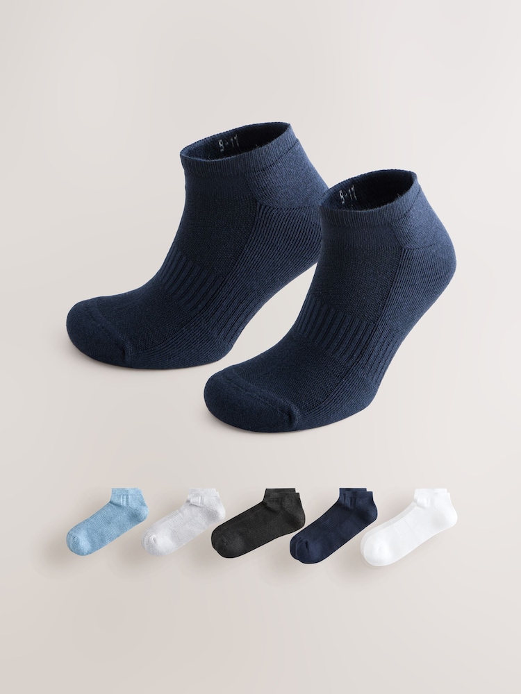 White/Blue/Grey 5 Pack Cushioned Trainers Socks - Image 1 of 8 White/Blue/Grey 5 Pack Cushioned Trainers Socks - Image 1 of 8