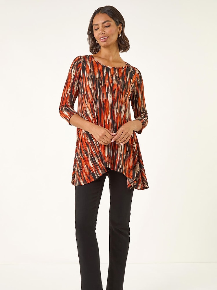 Roman Orange Abstract Print Hanky Hem Stretch Tunic Top - Image 2 of 5 Roman Orange Abstract Print Hanky Hem Stretch Tunic Top - Image 2 of 5