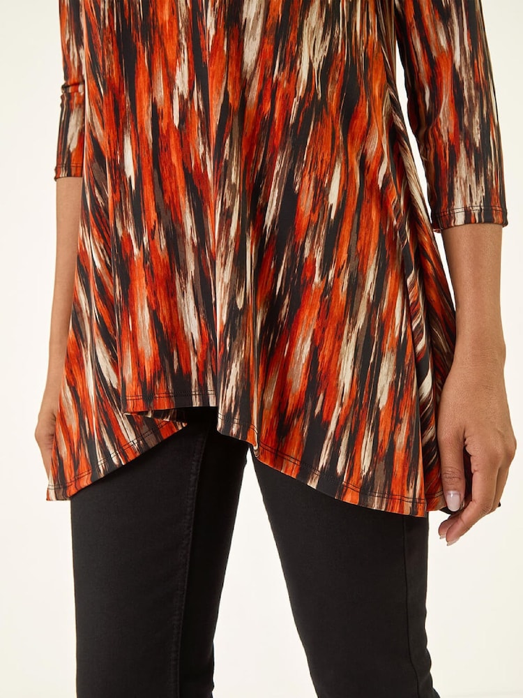 Roman Orange Abstract Print Hanky Hem Stretch Tunic Top - Image 5 of 5 Roman Orange Abstract Print Hanky Hem Stretch Tunic Top - Image 5 of 5