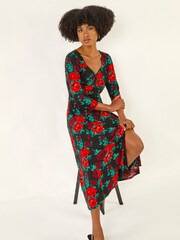 Roman Red Rose Ruched Midi Dress - Image 1 of 5