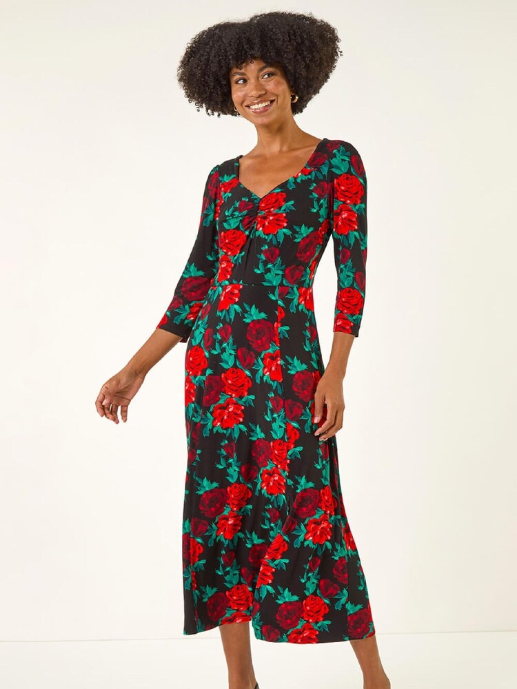 Roman Red Rose Ruched Midi Dress - Image 2 of 5