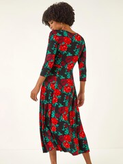 Roman Red Rose Ruched Midi Dress - Image 3 of 5