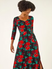 Roman Red Rose Ruched Midi Dress - Image 4 of 5
