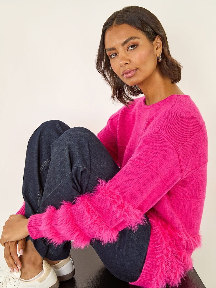 Roman Pink Fluffy Trim Knit Jumper - Image 1 of 5 Roman Pink Fluffy Trim Knit Jumper - Image 1 of 5