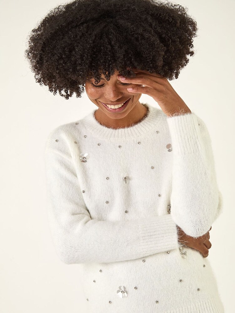 Roman White Embellished Knit Jumper - Image 1 of 5 Roman White Embellished Knit Jumper - Image 1 of 5