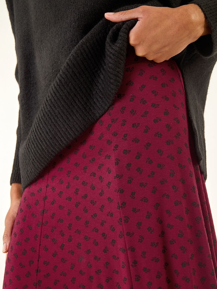 Roman Pink Ditsy Floral Print Stretch Midi Skirt - Image 5 of 5