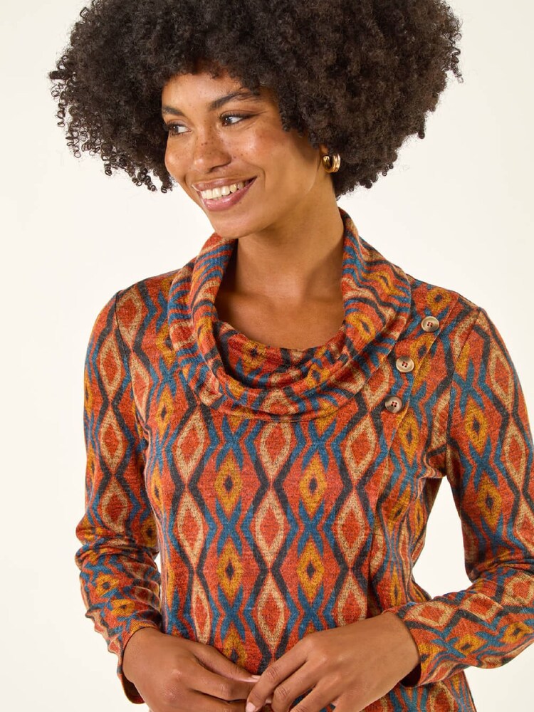 Roman Orange Abstract Print Cowl Neck Tunic Top - Image 1 of 5