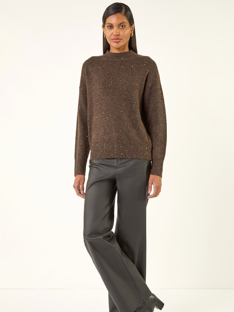 Roman Brown Sequin Crew Neck Knit Jumper - Image 2 of 5