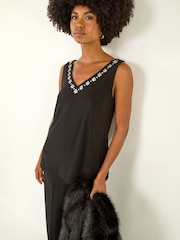 Roman Black Embellished V-Neck Stretch Vest Top - Image 1 of 5