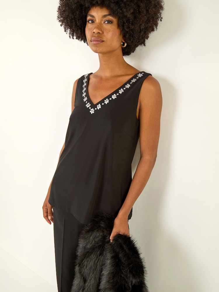 Roman Black Embellished V-Neck Stretch Vest Top - Image 1 of 5 Roman Black Embellished V-Neck Stretch Vest Top - Image 1 of 5