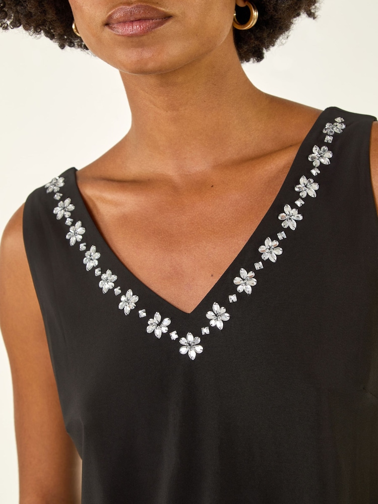 Roman Black Embellished V-Neck Stretch Vest Top - Image 5 of 5 Roman Black Embellished V-Neck Stretch Vest Top - Image 5 of 5