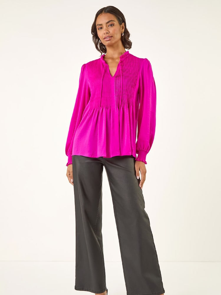 Roman Pink Satin Pleated Tie Neck Tunic Top - Image 1 of 5 Roman Pink Satin Pleated Tie Neck Tunic Top - Image 1 of 5