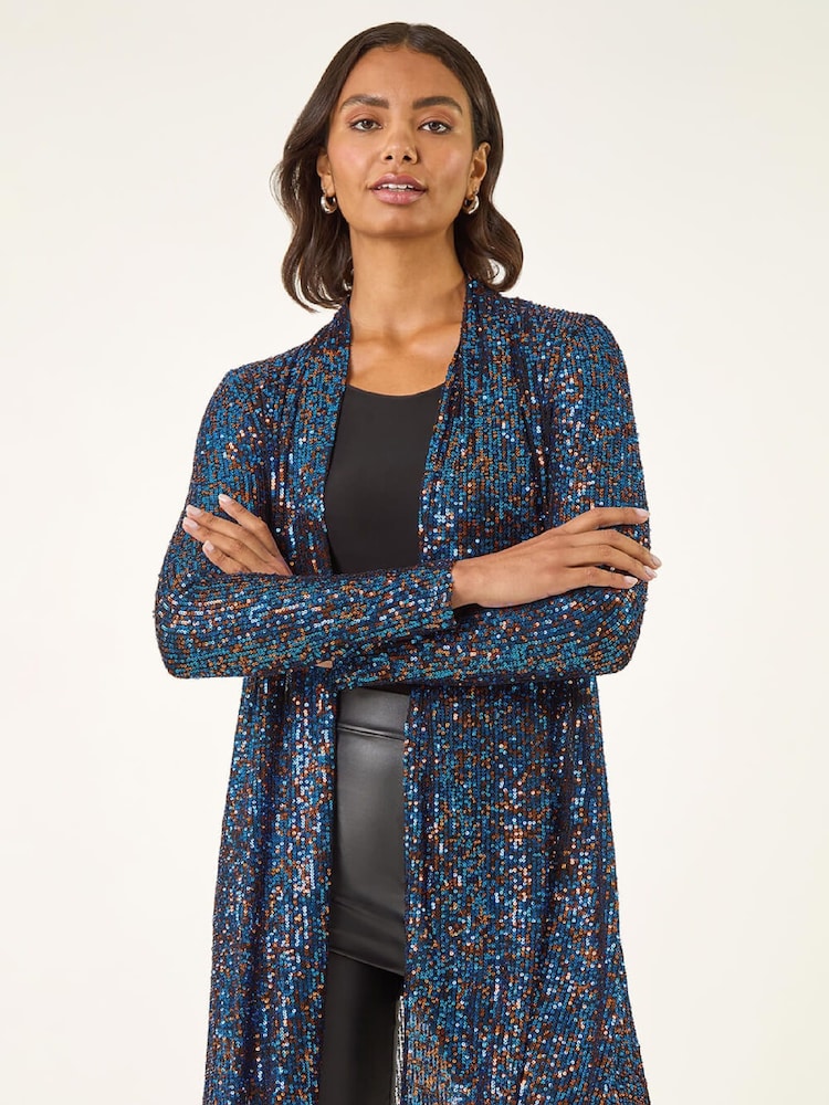 Roman Blue Sequin Longline Kimono Blouse - Image 1 of 5