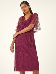 Roman Red Beaded V-Neck Midi Dress - Image 1 of 5