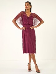 Roman Red Beaded V-Neck Midi Dress - Image 2 of 5