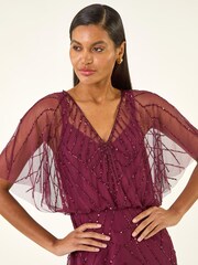 Roman Red Beaded V-Neck Midi Dress - Image 4 of 5