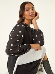 Roman Black Spot Print Frill Knitted Dress - Image 1 of 5