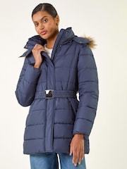 Roman Blue Faux Fur Padded Belt Coat - Image 1 of 5