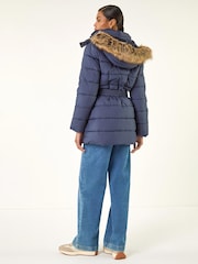 Roman Blue Faux Fur Padded Belt Coat - Image 3 of 5