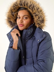 Roman Blue Faux Fur Padded Belt Coat - Image 4 of 5