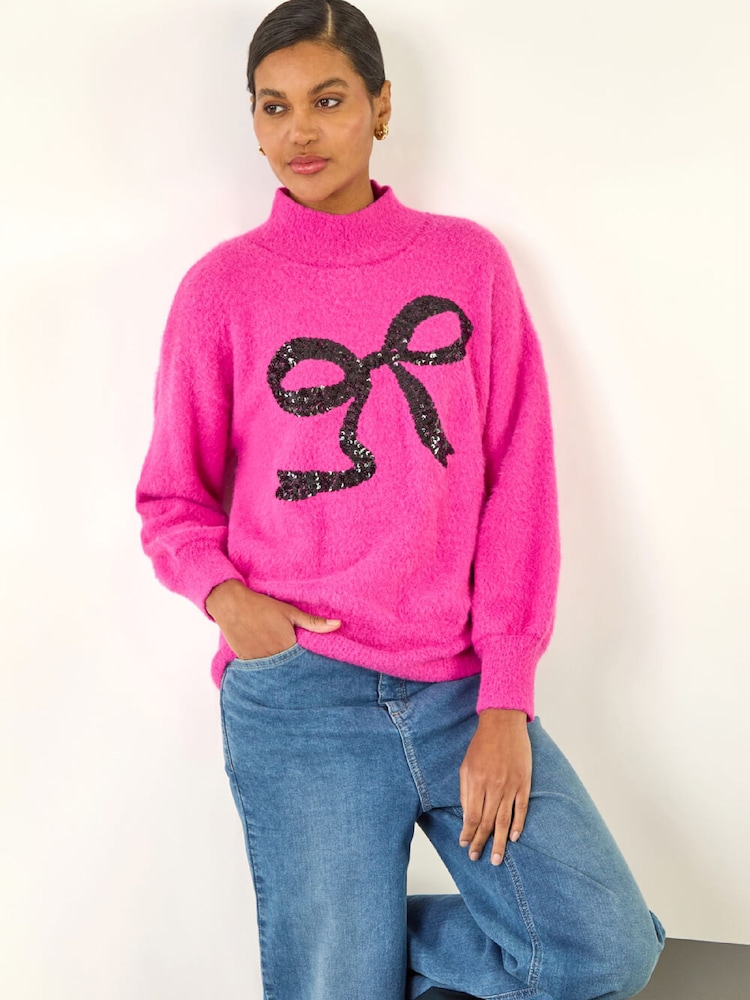 Roman Pink Festive Sequin Bow Knit Christmas Jumper - Image 1 of 5 Roman Pink Festive Sequin Bow Knit Christmas Jumper - Image 1 of 5